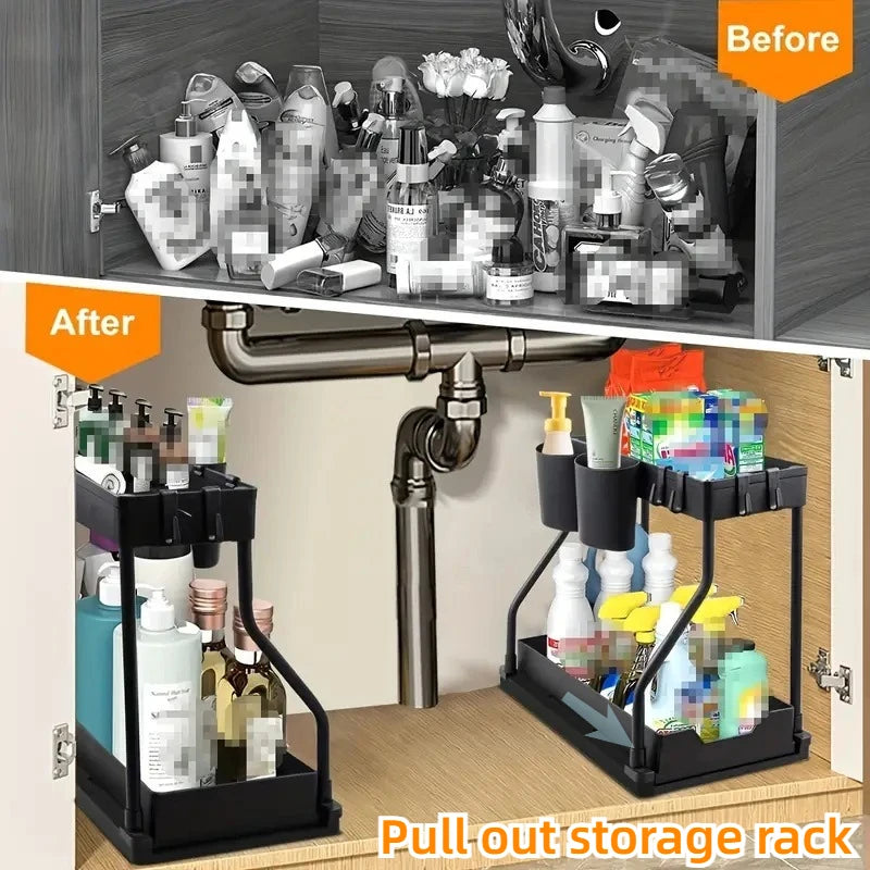 2 Tier Under Sink Organizer, Pull Out Cabinet Storage Shelf with Hooks & Hanging Cup, Space Saving Rack for Kitchen Bathroom