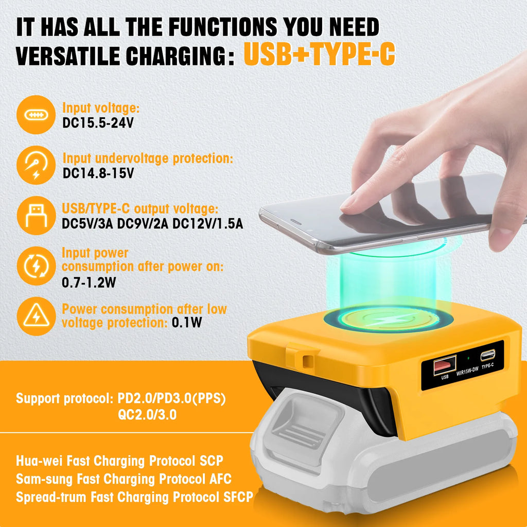 15W Wireless Charger for Makita Dewalt Milwaukee Bosch 18V-20V Battery USB Type-C Fast Charging Adapter PD QC Mobile Phone