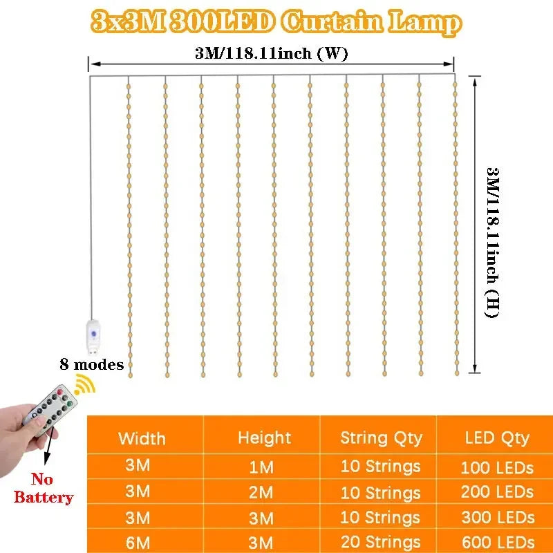 USB Powered LED Curtain Lights 8 Lighting Modes Valentine's Day Ramadan Decoration for Home 2026 Wedding Eid Mubarak Fairy Light