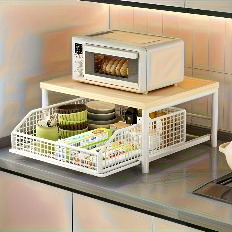 Space-Saving Kitchen Countertop Organizer with Drawer & Wire Basket - for Coffee Maker, Utensils, Spices