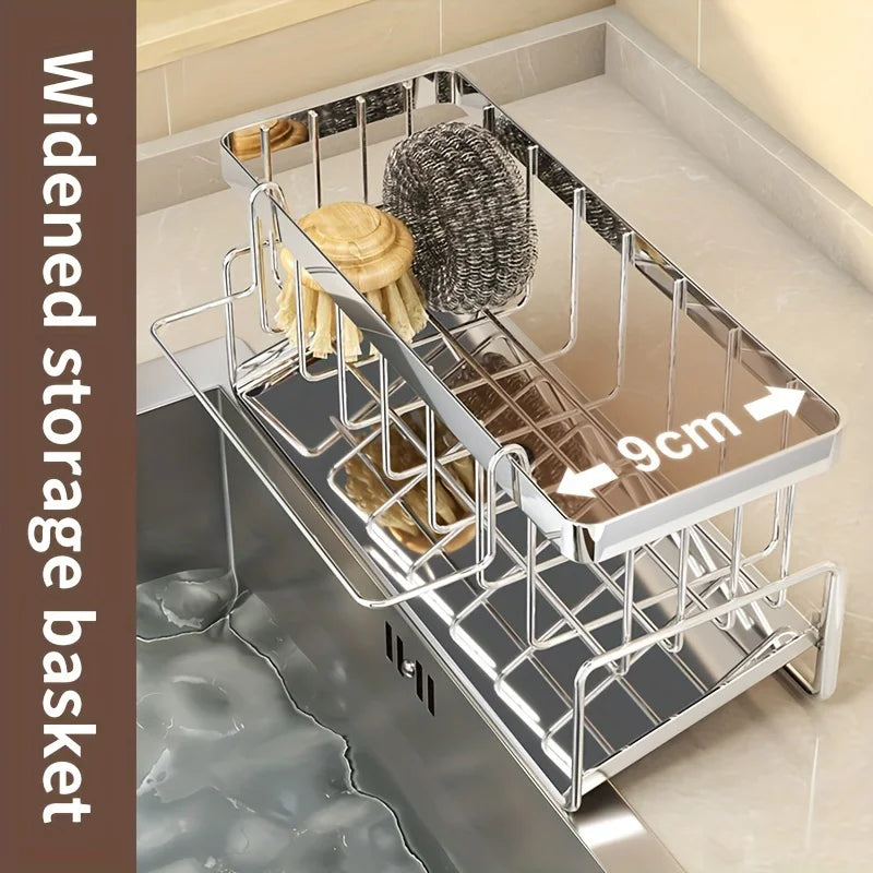 Stainless Steel Sink Caddy Organizer with Drain Tray, Rustproof Sponge Holder & Soap Dispenser for Kitchen Countertop Storage