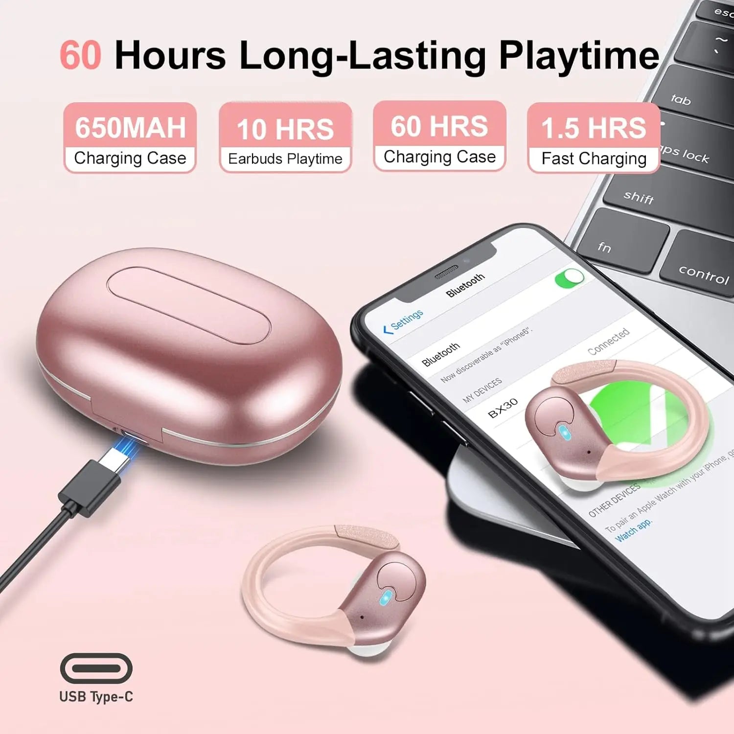 Wireless Earbuds, Bluetooth 5.4 Headphones Sport, Bluetooth Earbuds with ENC Noise Canceling Mic, Bass Stereo Wireless Earphone