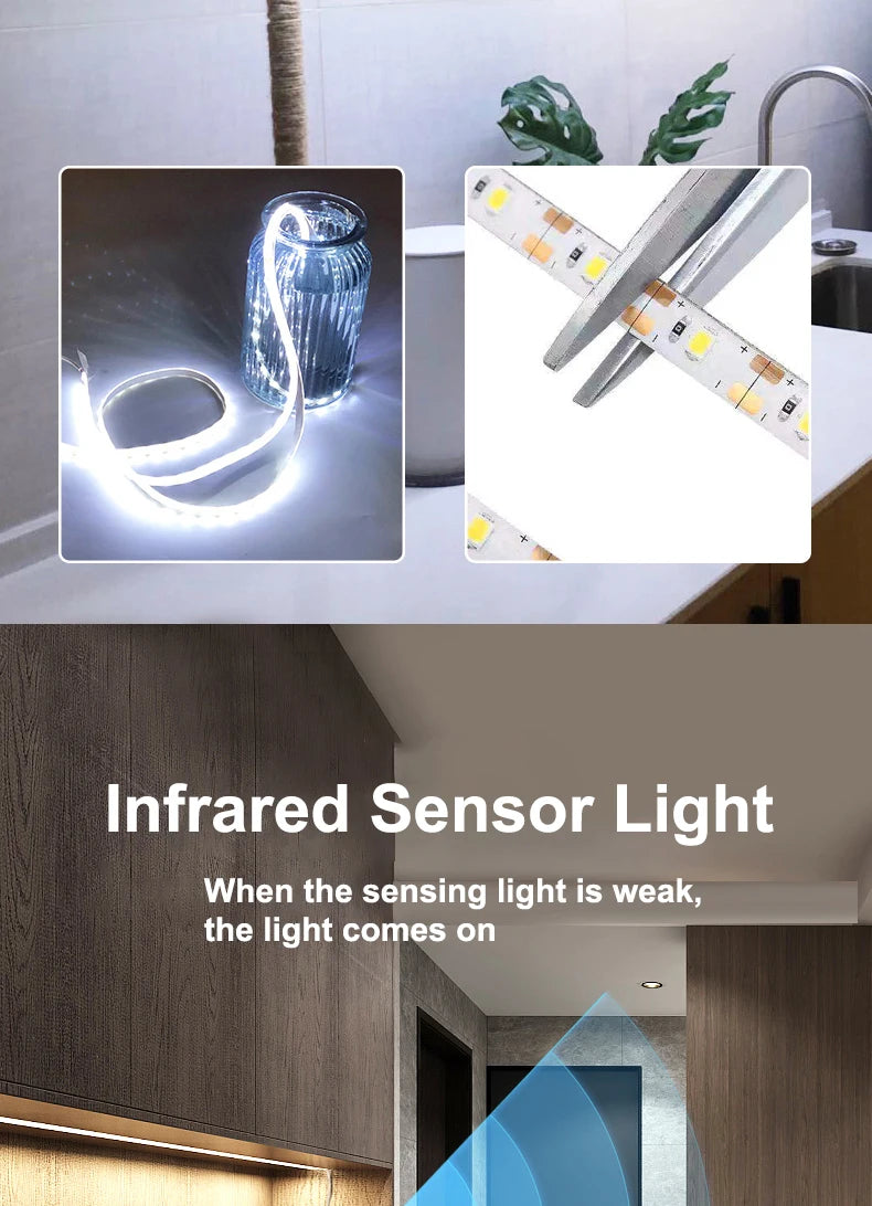 LED Motion Sensor Light LED Light Strip Cabinet Strip Lighting AAA Battery Waterproof for Kitchen Wardrobe Cabinet Pantry Closet