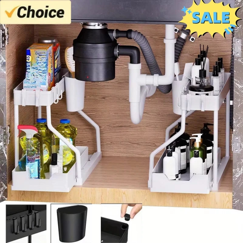 2 Tier Under Sink Organizer, Pull Out Cabinet Storage Shelf with Hooks & Hanging Cup, Space Saving Rack for Kitchen Bathroom