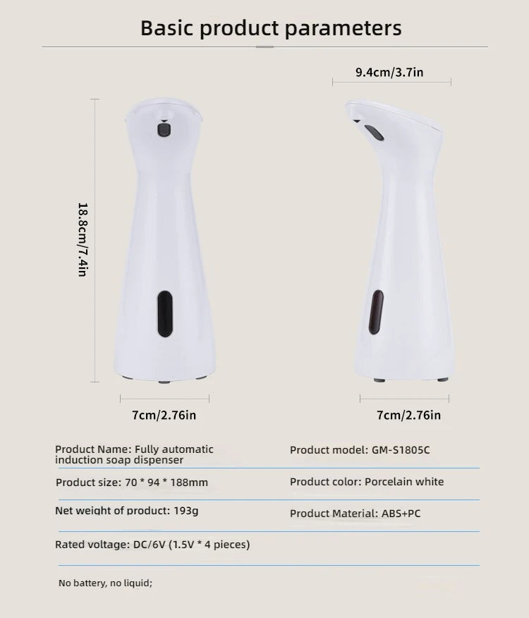 Fully Automatic Sensor Soap Dispenser 200ML High Quality Dispenser Waterproof for Kitchen Bathroom Washroom Handpiece