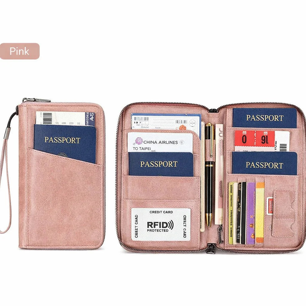 Family Passport Holder for 5, Leather RFID Blocking Multiple Passport Holder Wallet with Zipper, Travel Document Organizer