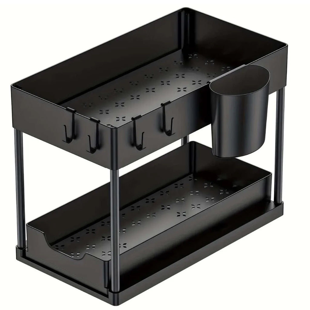 New 2 Tier Pull Out Under Sink Organizer, Sliding Cabinet Storage Shelf with Hooks & Cup, Multipurpose Rack for Kitchen Bathroom