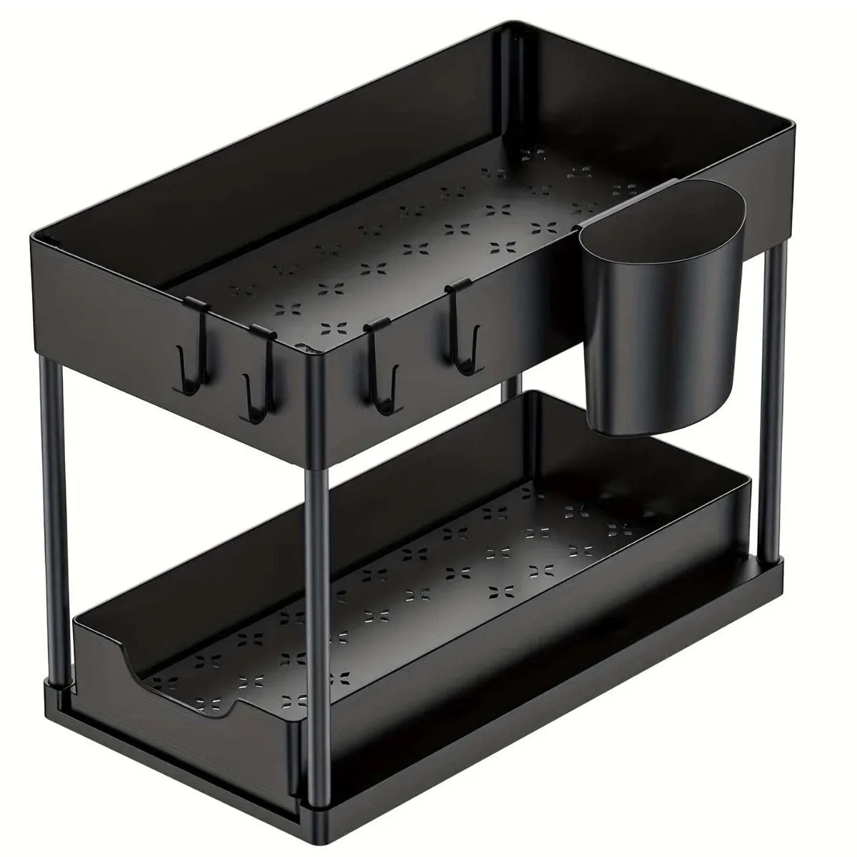New 2 Tier Pull Out Under Sink Organizer, Sliding Cabinet Storage Shelf with Hooks & Cup, Multipurpose Rack for Kitchen Bathroom
