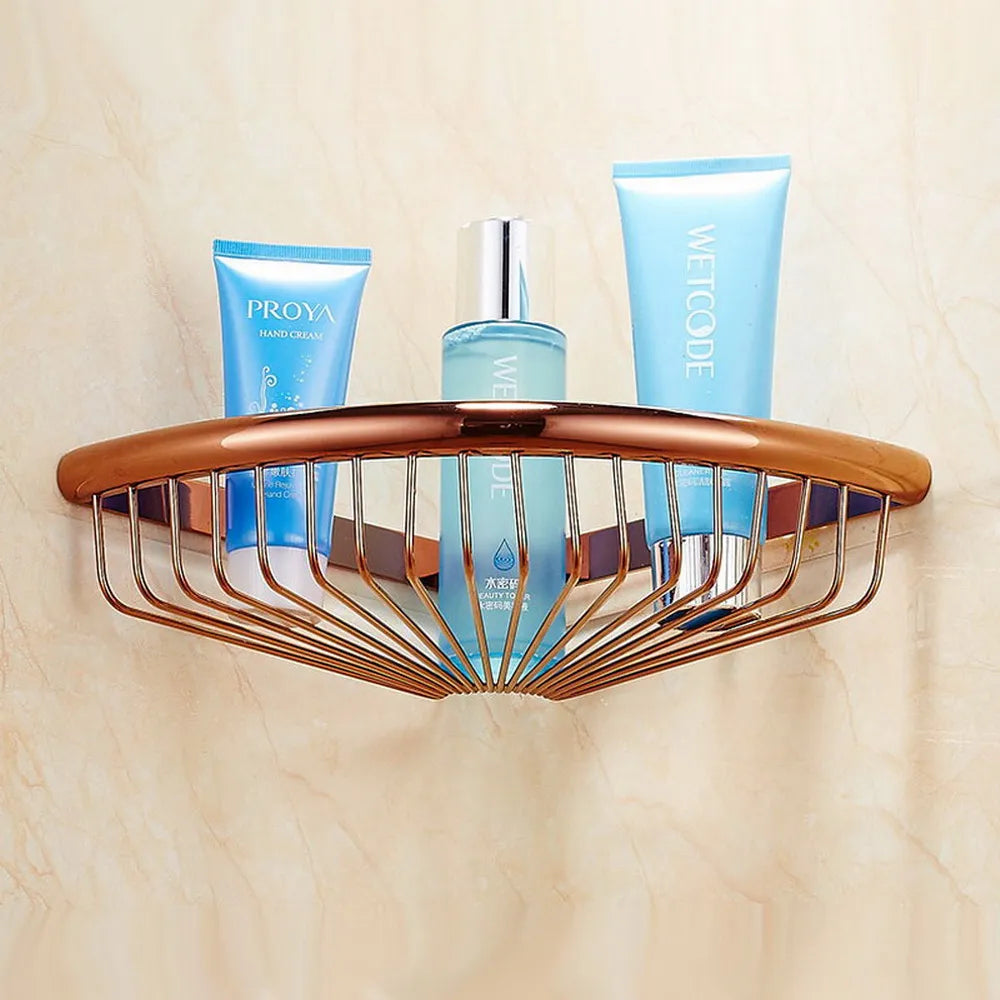 Polished Rose Gold Brass Wall Mounted Bathroom Shower Shelf Storage Basket Bathroom Accessory mzh124