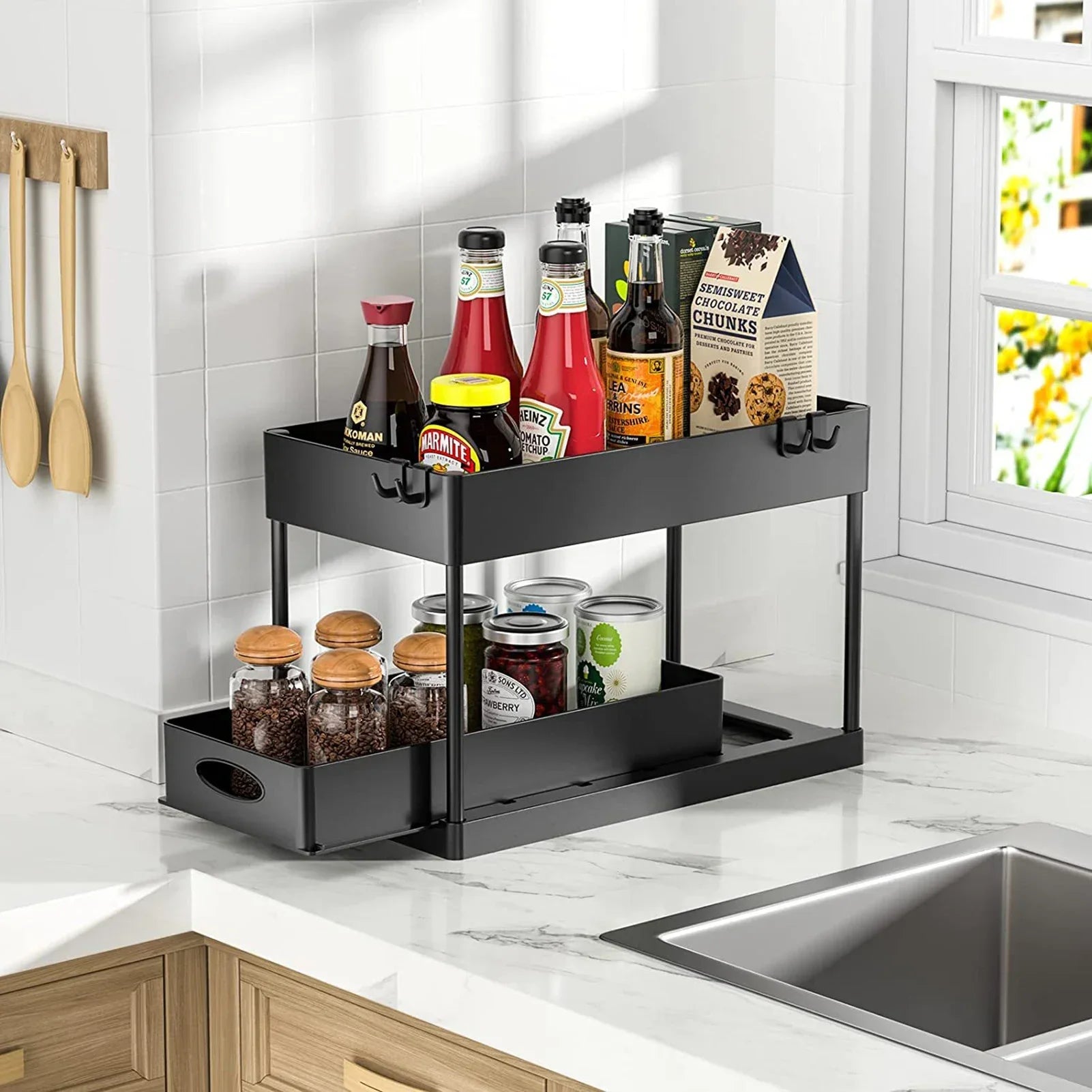 Bathroom Kitchen 2 Tier Under Sink Organizer Sliding Cabinet Storage Basket Rack with Hooks Hanging Cup