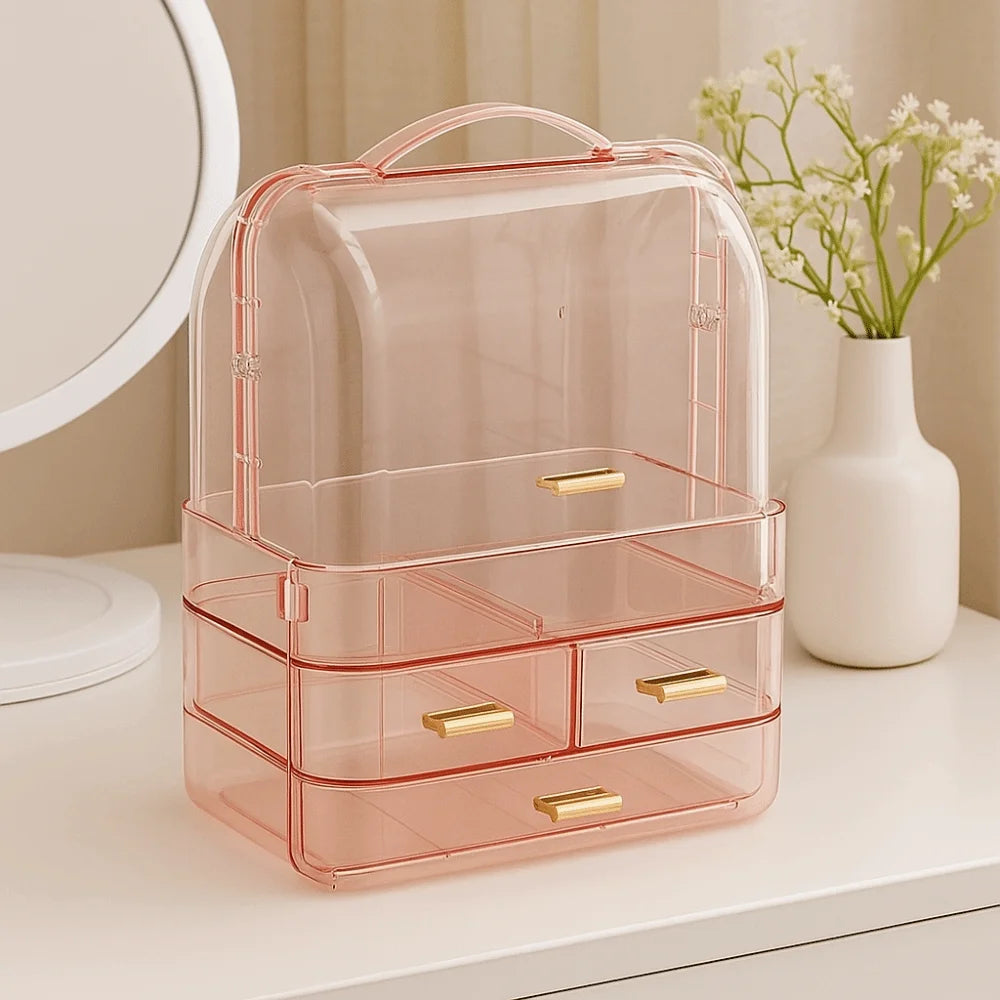 Drawer Style Cosmetics Storage Box with Lid and Handle Dustproof Makeup Storage Rack Clear Desktop Organizer