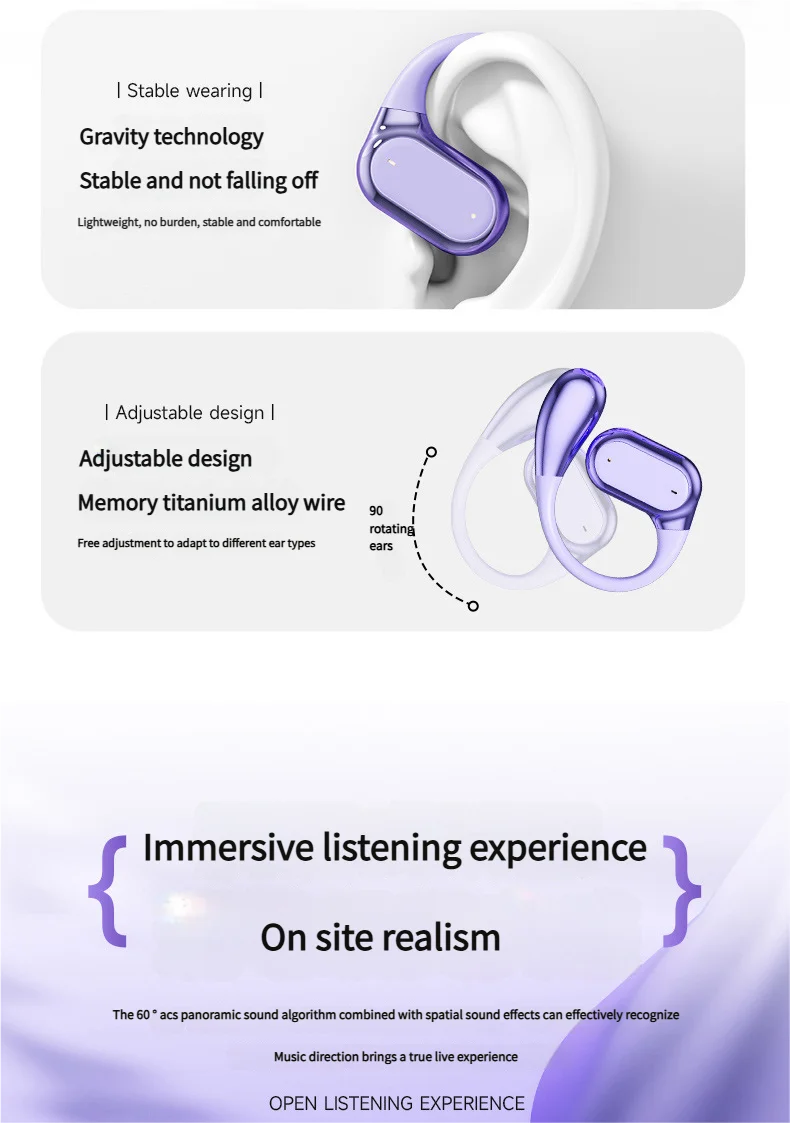 Open Ear Bluetooth 5.4 Headphones Wireless Sports Earbuds for Running Fitness Learning with Microphone