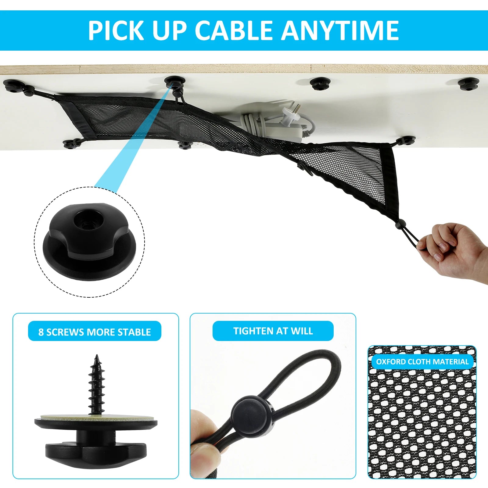 Cable Management Net Large Capacity Wire Organizer Net Flexible Adjustable Privacy Mesh Cord Organizer for Home Office Workbench