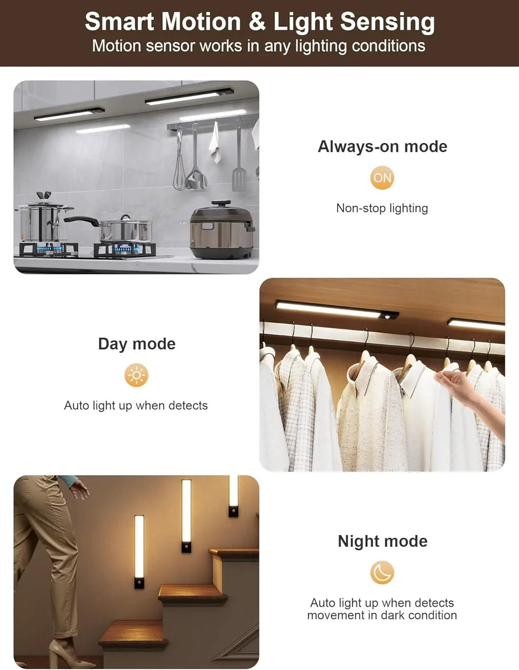 LED Motion Sensor Light Wireless USB Rechargeable Night Light Portable Induction Lamp for Kitchen Cabinet Wardrobe Staircase