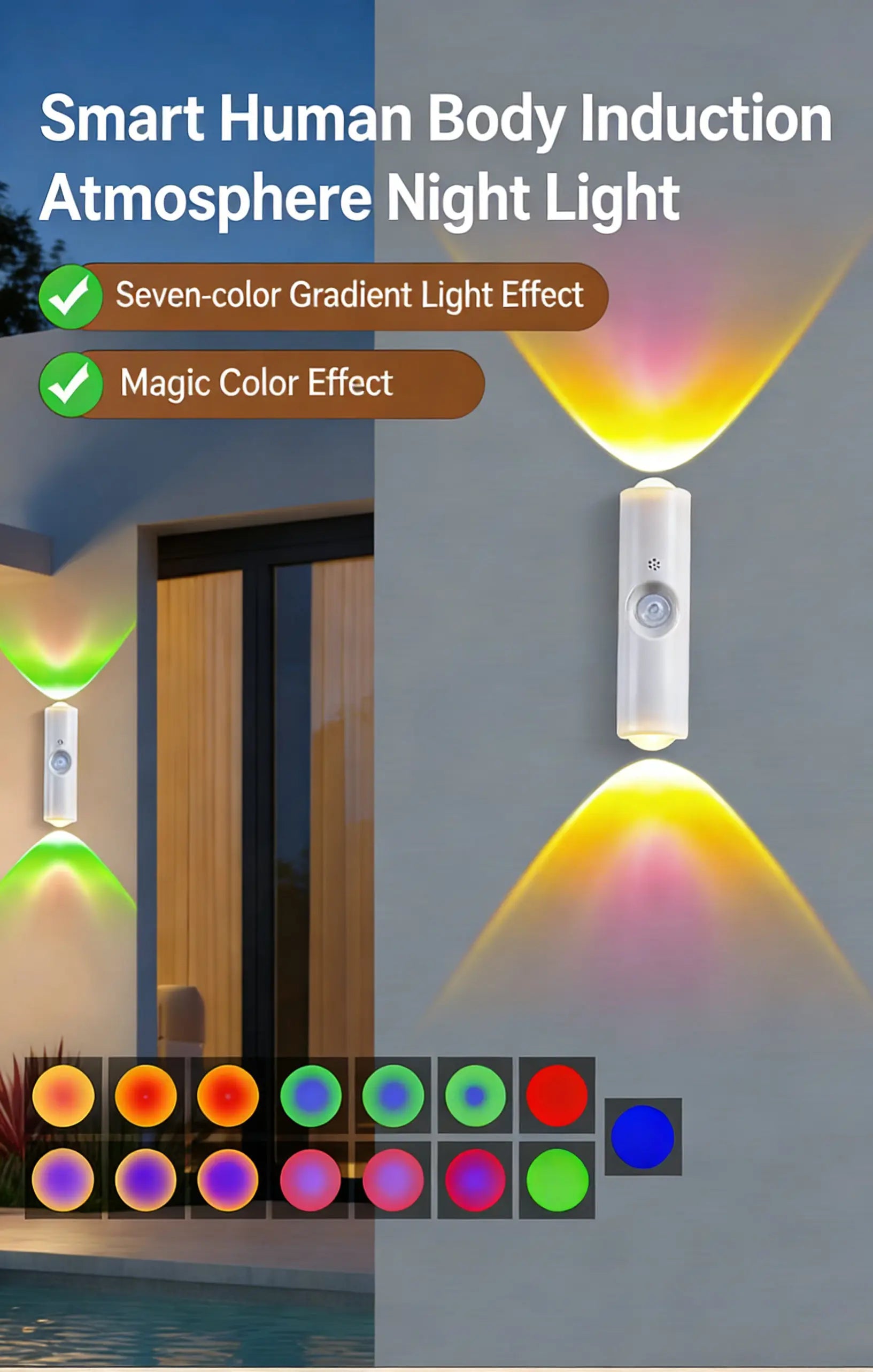 LED Motion Sensor Lights USB Rechargeable Tri-Color/RGB Adjustabl Ambient Light for Kitchen Party Stairs Hallways Night Lights