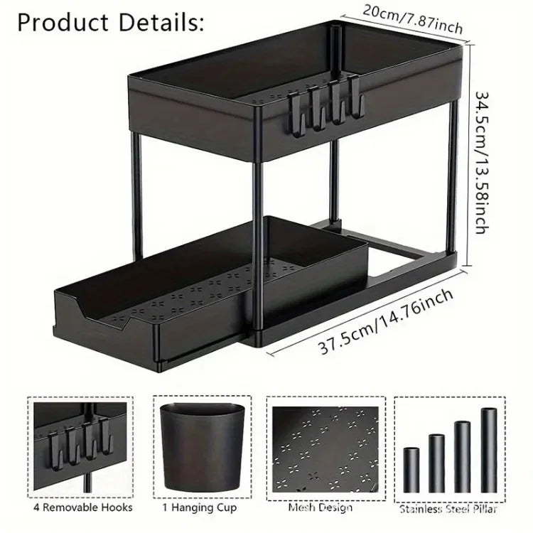 Bathroom Kitchen 2 Tier Under Sink Organizer Sliding Cabinet Storage Basket Rack with Hooks Hanging Cup