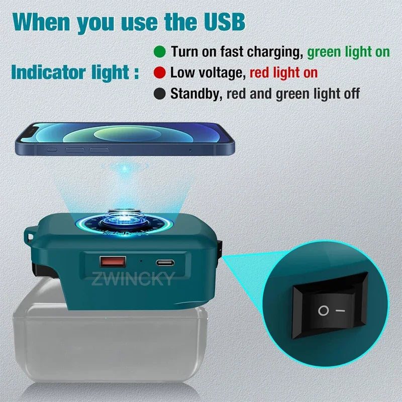 Magnetic wireless charger, for Dewalt/Makita/Milwaukee 18V Li-ion Battery, with USB/TYPE-C, Fast charging battery adapter