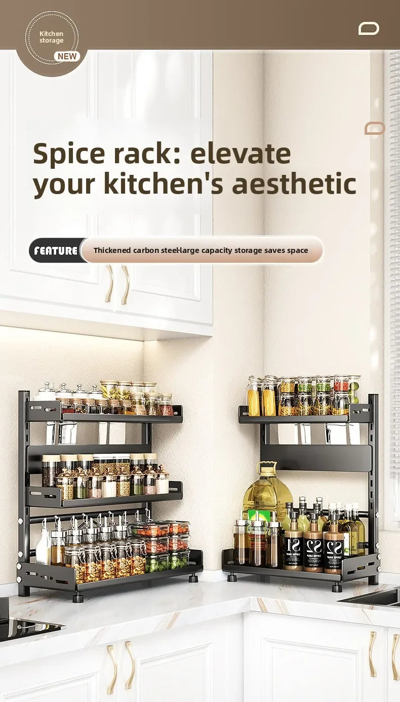 Kitchen Countertop Organizer Rack with Adjustable Feet Knife Storage and Removable Shelves for Cooking Essentials Use