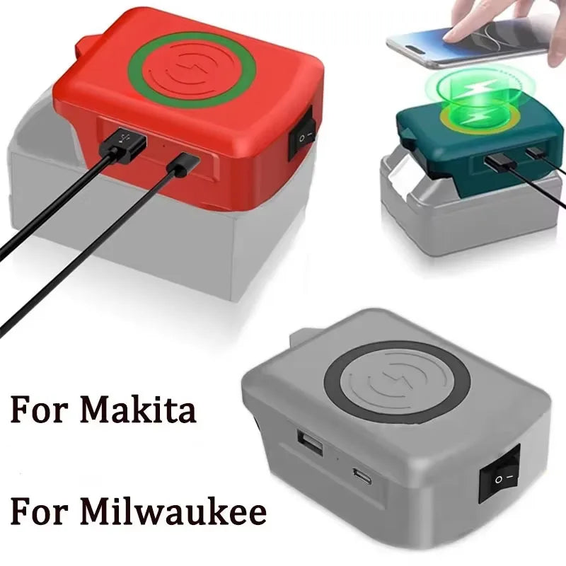 Magnetic wireless charger, for Dewalt/Makita/Milwaukee 18V Li-ion Battery, with USB/TYPE-C, Fast charging battery adapter