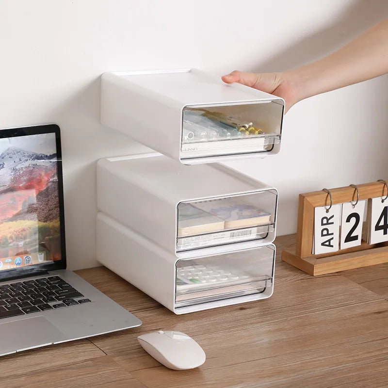Stackable Drawer Organizer Desktop Storage Box Portable Cabinet for Office & Study Transparent Drawers with Combination Design