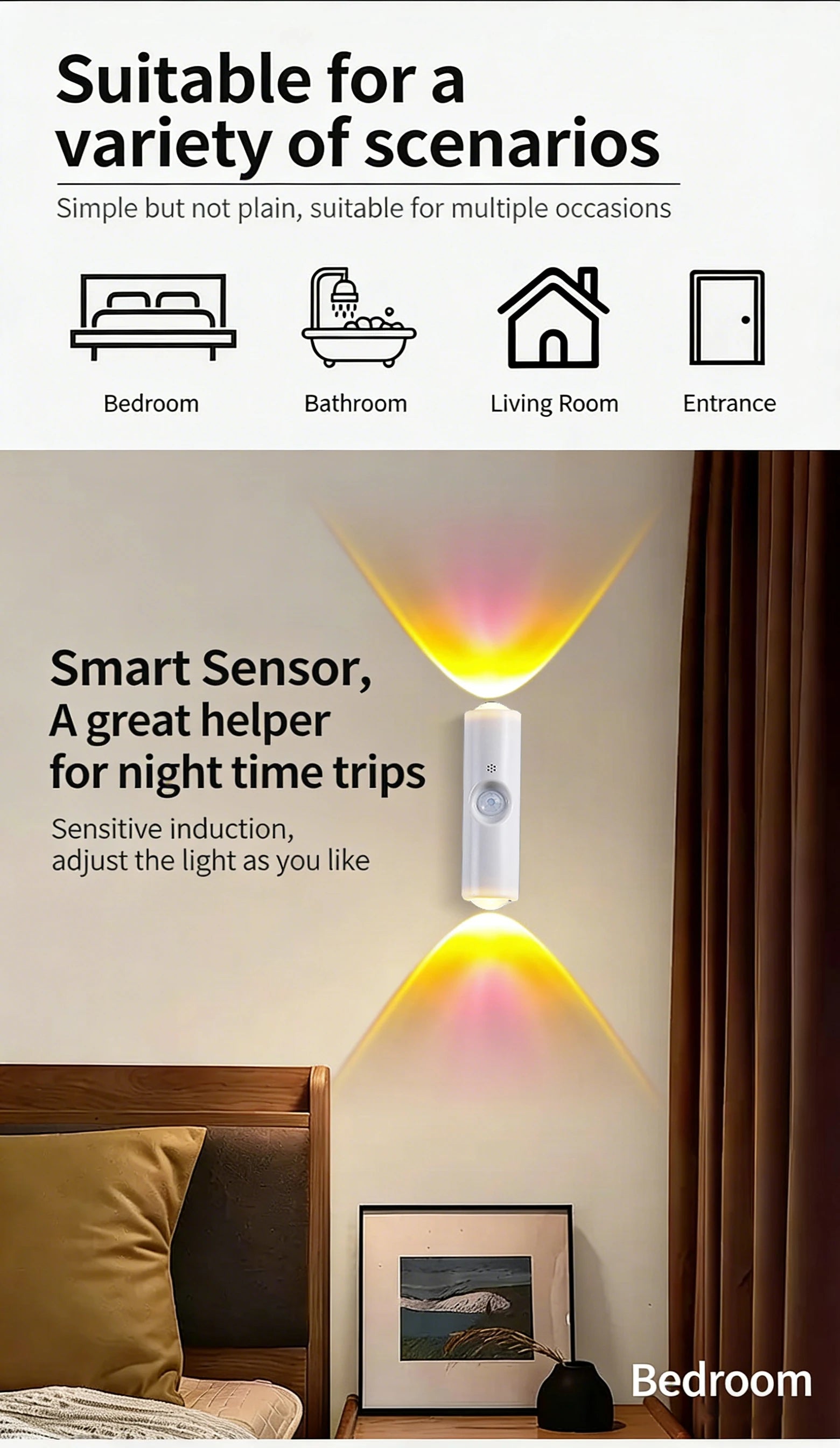 LED Motion Sensor Lights USB Rechargeable Tri-Color/RGB Adjustabl Ambient Light for Kitchen Party Stairs Hallways Night Lights